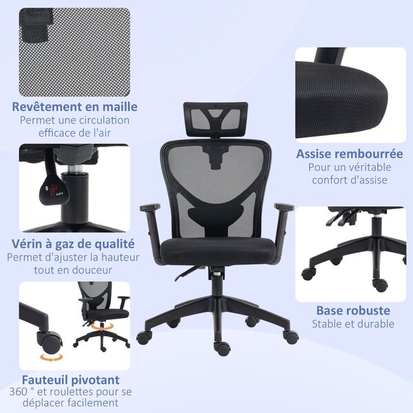 Vinsetto Kancelářská Židle, Kancelářská Židle, Nastavitelný Hlava a Opěrky Rukou, Naklápěcí Ergonomický Opěrák, Výškově Nastavitelný Sedák, Otočná, Pr