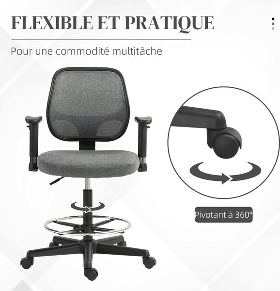 Vinsetto Vysoká Židle do Kanceláře se Nastavitelným Sedákem a Područky, dim. 60Š x 57H x 97-119V cm na Kolečkách, Šedá | Aosom