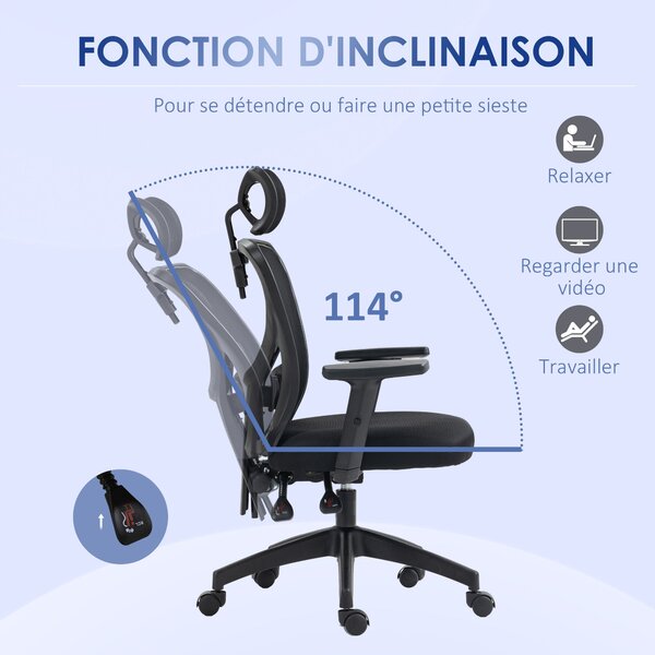 Vinsetto Kancelářská Židle, Kancelářská Židle, Nastavitelný Hlava a Opěrky Rukou, Naklápěcí Ergonomický Opěrák, Výškově Nastavitelný Sedák, Otočná, Pr