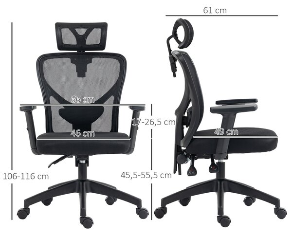Vinsetto Kancelářská Židle, Kancelářská Židle, Nastavitelný Hlava a Opěrky Rukou, Naklápěcí Ergonomický Opěrák, Výškově Nastavitelný Sedák, Otočná, Pr