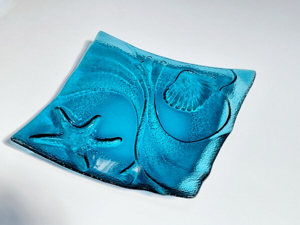 OCEAN designový skleněný čtvercový talíř 25 x 25 cm modré sklo