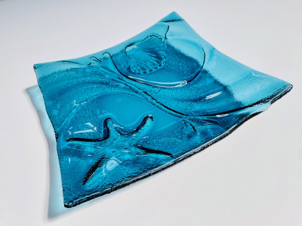 OCEAN designový skleněný čtvercový talíř 25 x 25 cm modré sklo