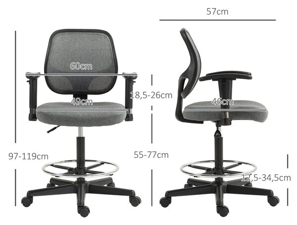 Vinsetto Vysoká Židle do Kanceláře se Nastavitelným Sedákem a Područky, dim. 60Š x 57H x 97-119V cm na Kolečkách, Šedá | Aosom