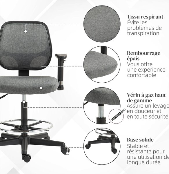 Vinsetto Vysoká Židle do Kanceláře se Nastavitelným Sedákem a Područky, dim. 60Š x 57H x 97-119V cm na Kolečkách, Šedá | Aosom