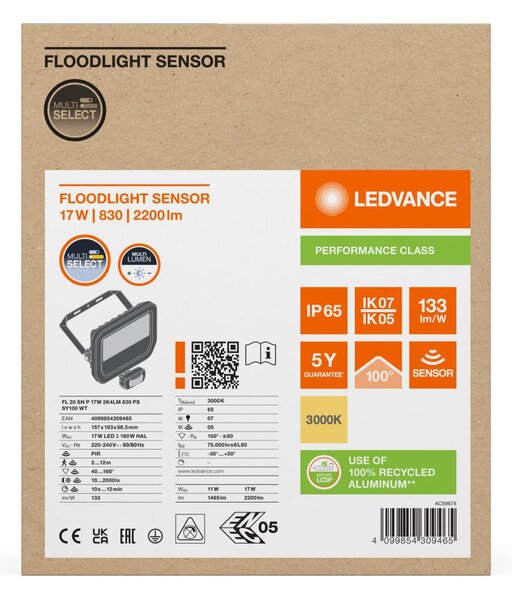 LEDVANCE LED reflektor FL 20 SN P 17W 2K4LM 830 PS SY100 WT 4099854309465
