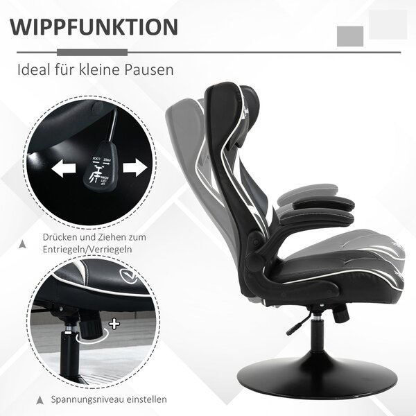 Ergonomická herní židle Vinsetto s funkcí houpání, otočná židle, nastavitelná výška, ocel, Černá + Bílá, 67 x 70 x 106-112 cm | Aosom