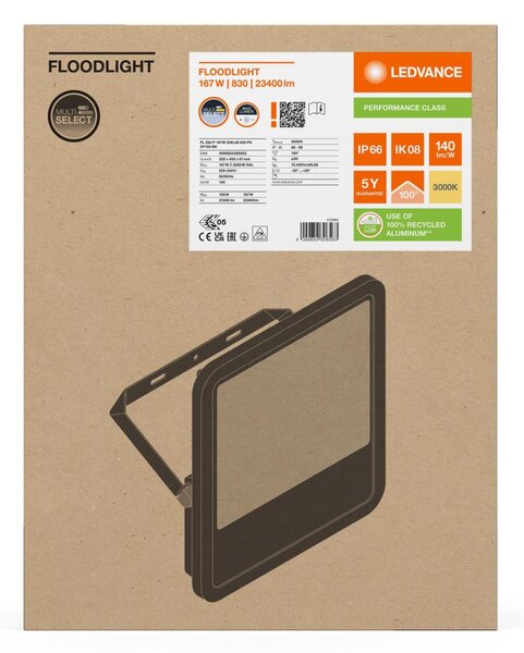 LEDVANCE LED reflektor FL 250 P 167W 25KLM 830 PS SY100 BK 4099854306563