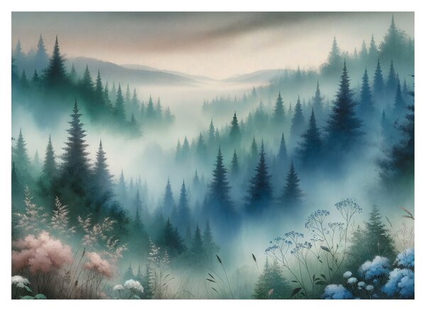 Obraz - Lesní krajina s mlhou (70x50 cm)