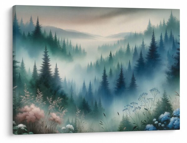 Obraz - Lesní krajina s mlhou (70x50 cm)