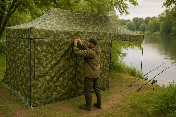Nůžkový stan 3x6m ocelový, 2 boční plachty, Maskáčová