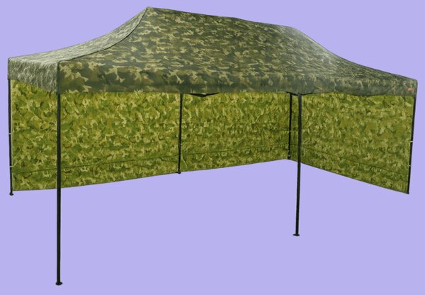 Nůžkový stan 3x6m ocelový, 2 boční plachty, Maskáčová