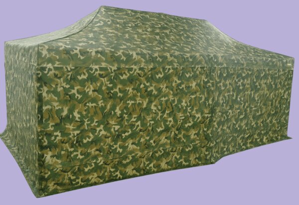 Nůžkový stan 3x6m ocelový, 4 boční plachty, Maskáčová