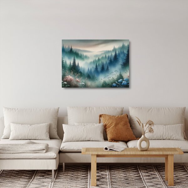 Skleněný obraz - Lesní krajina s mlhou (70x50 cm)