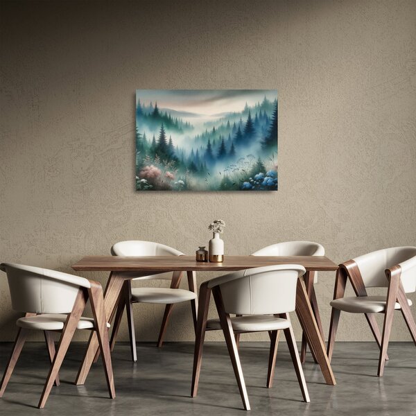 Skleněný obraz - Lesní krajina s mlhou (70x50 cm)