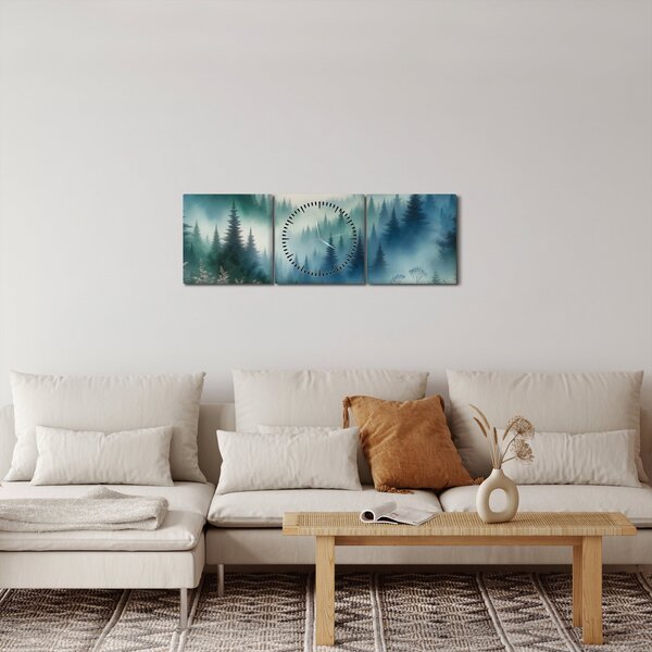 Obraz - Lesní krajina s mlhou (s hodinami) (90x30 cm)