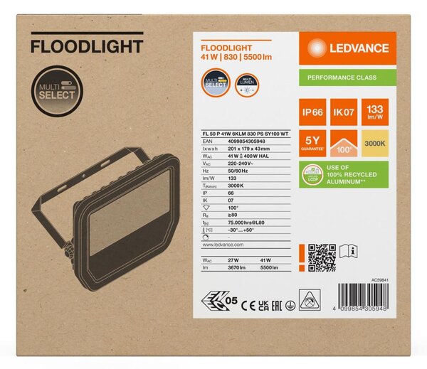 LEDVANCE LED reflektor FL 50 P 41W 6KLM 830 PS SY100 WT 4099854305948