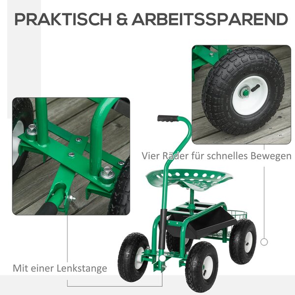Outsunny Otočný Vozík do Zahrady s Výškově Nastavitelným Sedadlem, Kola, Rukojeť, Mobilní Zahradní Sedadlo, Otočné Pracovní Sedadlo, Zahradní Stolička
