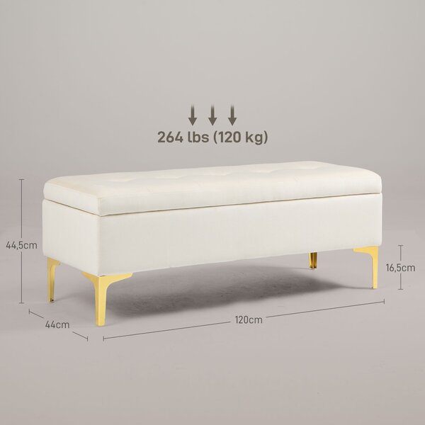 HOMCOM Úložná lavička, čalouněná lavička s sametovým vzhledem, kovové nohy, lavička do obývacího pokoje, ložnice, chodby, 120 x 44 x 44,5 cm, béžová |