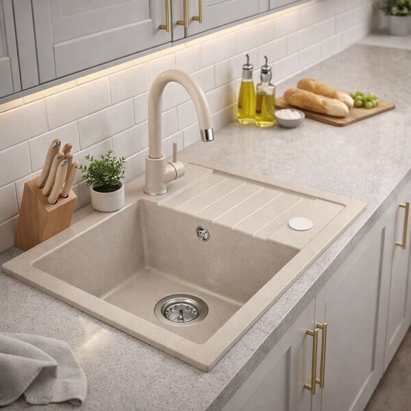 Ruvetti Tito Compact dřez s baterií a příslušenstvím béžová/béžová LP_3200-TC6244BE_W