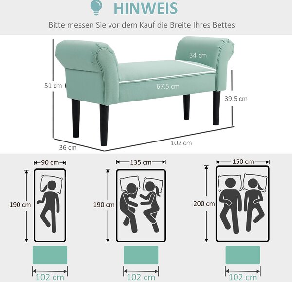 HOMCOM Lavička na postel, čalouněná lavička, sedací lavička, chodbičková lavička do ložnice, nosnost až 130 kg, plachtovina, zelená, 102 x 36 x 51 cm
