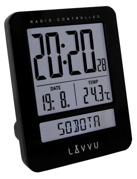 LAVVU Digitální budík řízený rádiovým signálem Duo Black s češtinou LAR0021