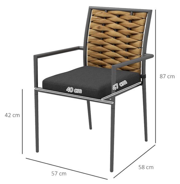 Outsunny Sada 2 kusů ratanových zahradních křesel s polstry, stohovatelné patrové křeslo, balkonové křeslo na terasu, ocel, 57 x 58 x 87 cm, hnědo-čer