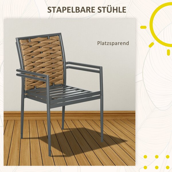 Outsunny Sada 2 kusů ratanových zahradních křesel s polstry, stohovatelné patrové křeslo, balkonové křeslo na terasu, ocel, 57 x 58 x 87 cm, hnědo-čer
