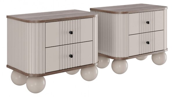 Set nočních stolků Vesper 56 cm - kašmírová / ořech / černé úchytky / kulaté kašmírové nohy