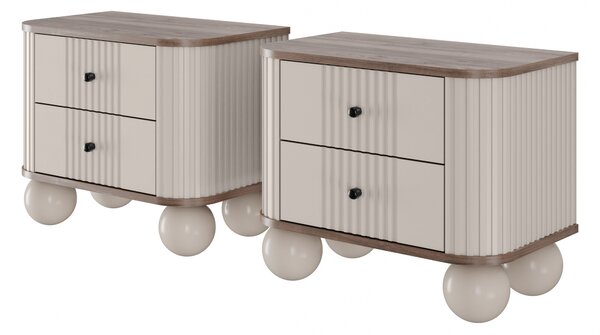 Set nočních stolků Vesper 56 cm - kašmírová / ořech / černé úchytky / kulaté kašmírové nohy