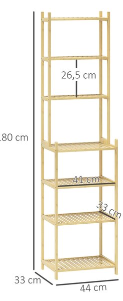 HOMCOM Koupelnová polička, 7-patrový stojací regál z bambusu do obývacího pokoje a koupelny, Přírodní, 44 x 33 x 180 cm | Aosom
