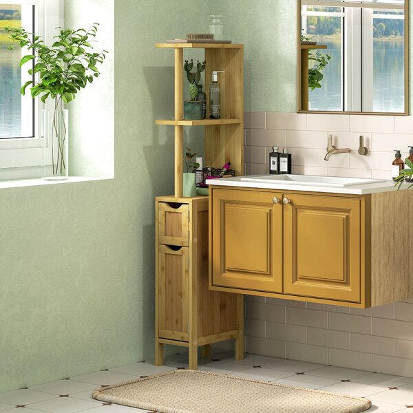 HOMCOM Koupelnová skříňka, Koupelnový úložný kabinet, se 2 otevřenými policemi, 2 skříňkami s magnetickými dveřmi, bambusová, přírodní dřevo | Aosom