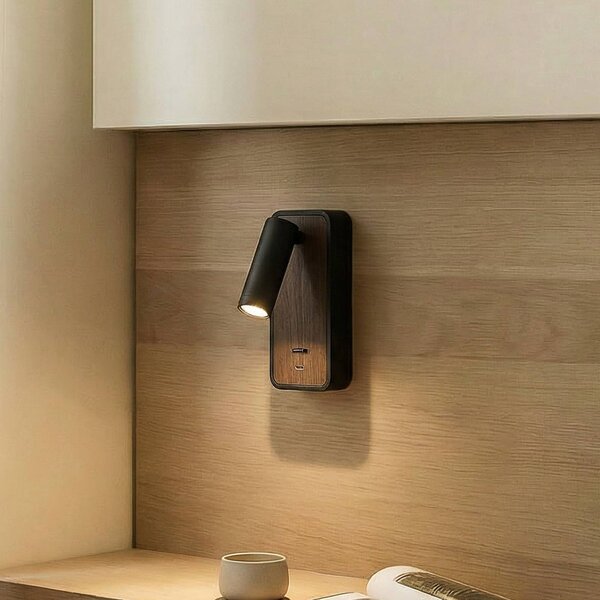 Lindby LED nástěnné světlo Tallis, černé, USB-C, pohyblivé, Černá, Ložnice, kov, Moderní
