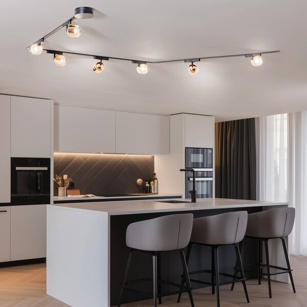 Lindby Lumaro track system, reflektory, 7 světel, zlaté, Ø8cm,48V,stmívatelné, stmívatelný, Černá, Obývací pokoj / jídelna, Plast, Moderní