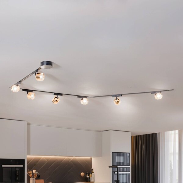 Lindby Lumaro track system, reflektory, 7 světel, zlaté, Ø8cm,48V,stmívatelné, stmívatelný, Černá, Obývací pokoj / jídelna, Plast, Moderní