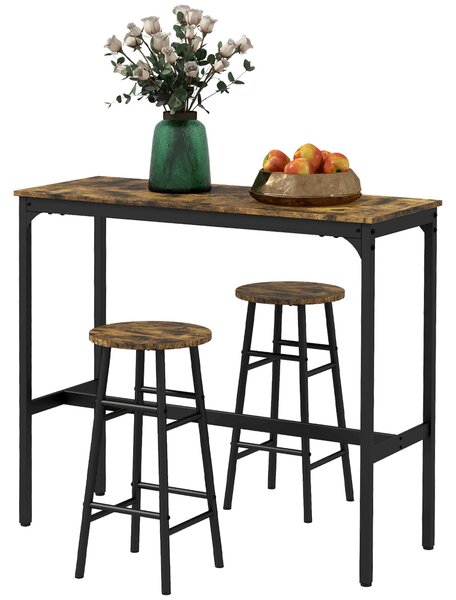 HOMCOM Barový Stolek s Barovými Židlemi pro 2 Osoby, Jídelní Stůl s 2 Barovými Židlemi s Opěrkami Nohou, Kuchyňský Stůl v Industriálním Designu pro Jí