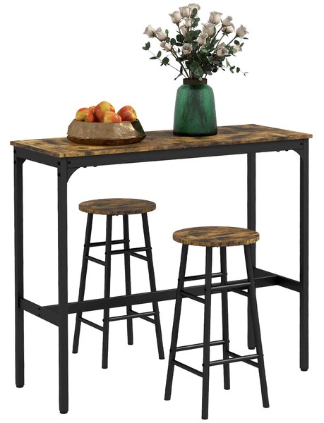 HOMCOM Barový Stolek s Barovými Židlemi pro 2 Osoby, Jídelní Stůl s 2 Barovými Židlemi s Opěrkami Nohou, Kuchyňský Stůl v Industriálním Designu pro Jí