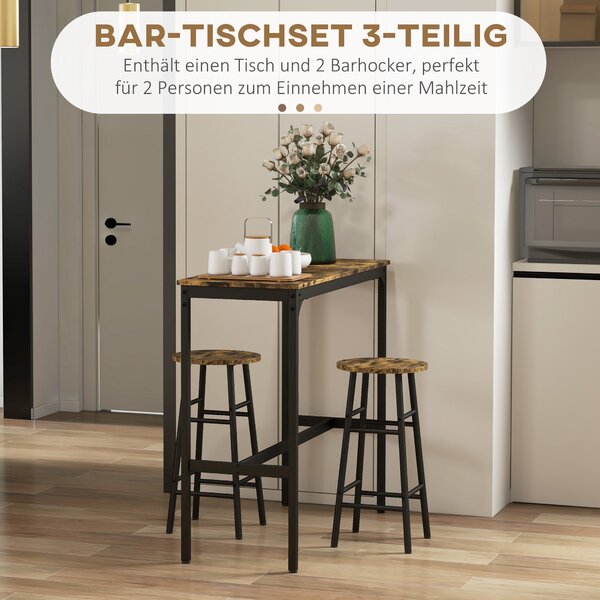 HOMCOM Barový Stolek s Barovými Židlemi pro 2 Osoby, Jídelní Stůl s 2 Barovými Židlemi s Opěrkami Nohou, Kuchyňský Stůl v Industriálním Designu pro Jí