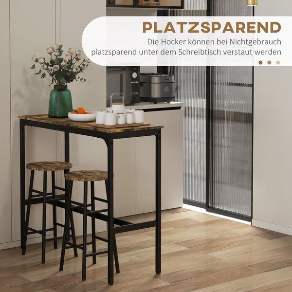 HOMCOM Barový Stolek s Barovými Židlemi pro 2 Osoby, Jídelní Stůl s 2 Barovými Židlemi s Opěrkami Nohou, Kuchyňský Stůl v Industriálním Designu pro Jí