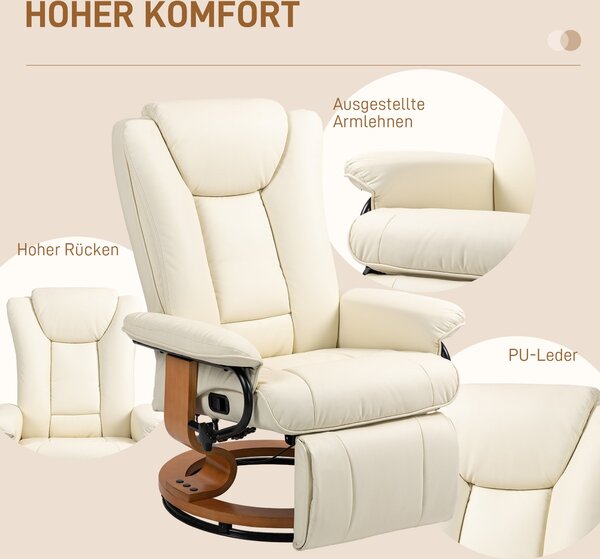 HOMCOM TV křeslo s funkcí polohování, otočné křeslo s nastavitelným opěradlem, lounge křeslo s nosností do 150 kg, umělá kůže, krémové | Aosom