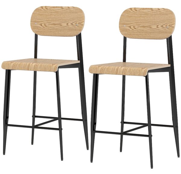 HOMCOM Sada 2 Barových Židlí, Barová Židle s Opěrným Nohama, Kovový Rám, Kuchyňská Židle s Výškou Sedáku 66 cm, Snadná Montáž, Průmyslový Design Příro
