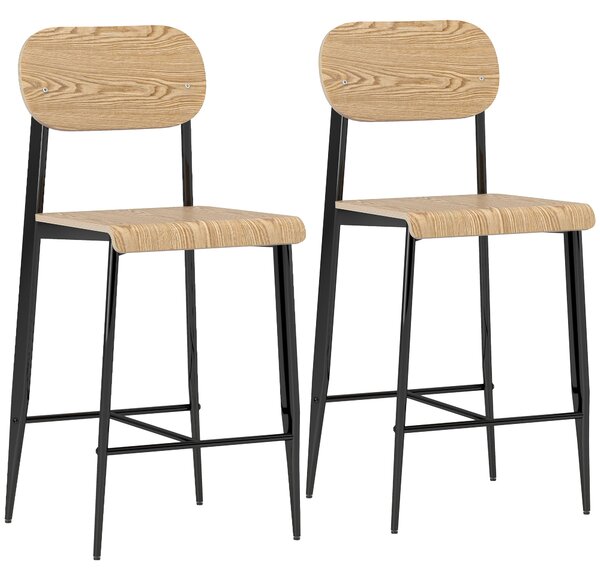 HOMCOM Sada 2 Barových Židlí, Barová Židle s Opěrným Nohama, Kovový Rám, Kuchyňská Židle s Výškou Sedáku 66 cm, Snadná Montáž, Průmyslový Design Příro