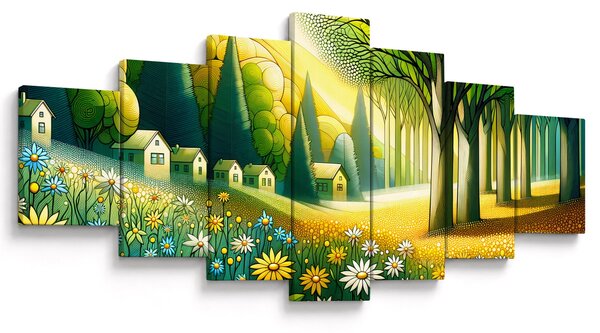 Obraz - Vesnice ve žluto-zelené (210x100 cm)