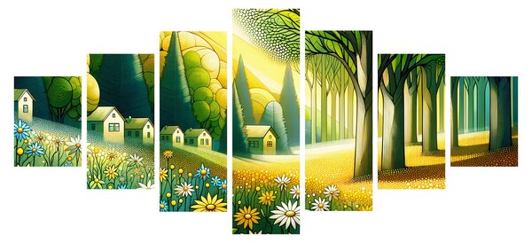 Obraz - Vesnice ve žluto-zelené (210x100 cm)