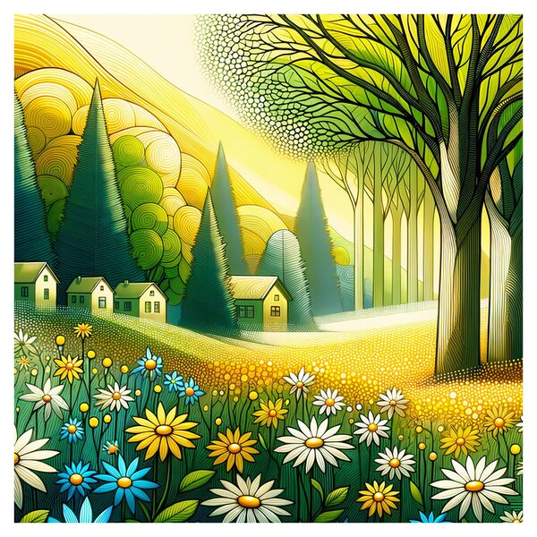 Obraz - Vesnice ve žluto-zelené (30x30 cm)