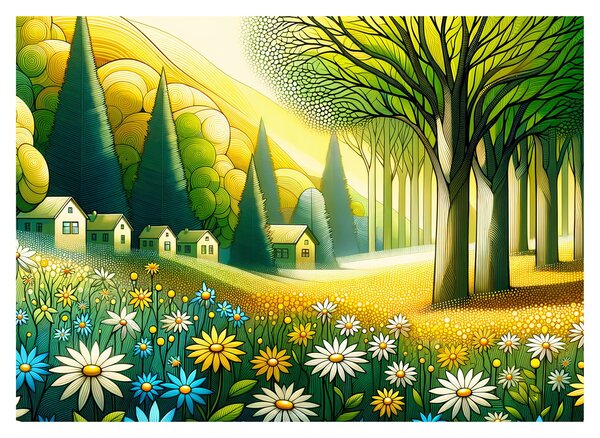 Obraz - Vesnice ve žluto-zelené (70x50 cm)