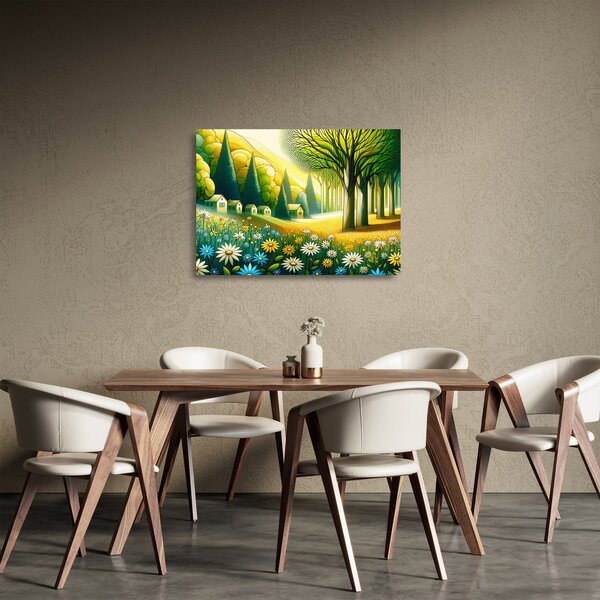 Skleněný obraz - Vesnice ve žluto-zelené (70x50 cm)