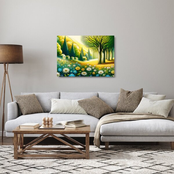 Skleněný obraz - Vesnice ve žluto-zelené (70x50 cm)