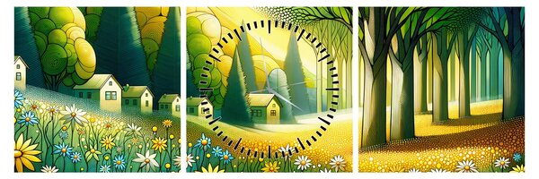 Obraz - Vesnice ve žluto-zelené (s hodinami) (90x30 cm)