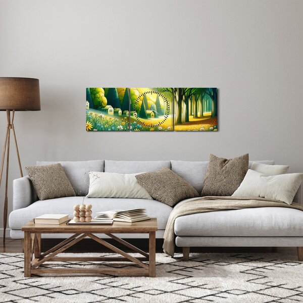 Obraz - Vesnice ve žluto-zelené (s hodinami) (90x30 cm)