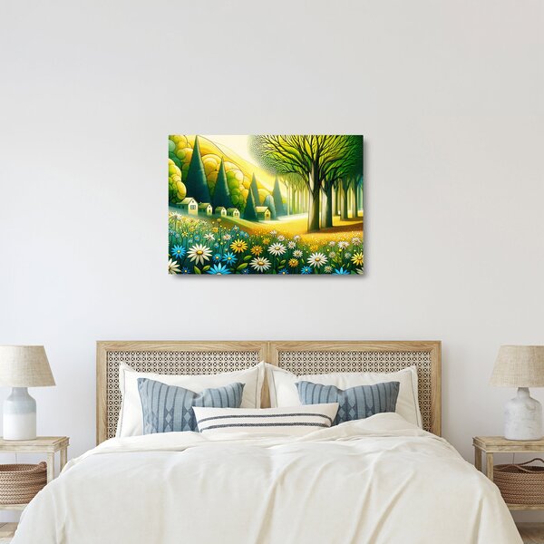 Skleněný obraz - Vesnice ve žluto-zelené (70x50 cm)